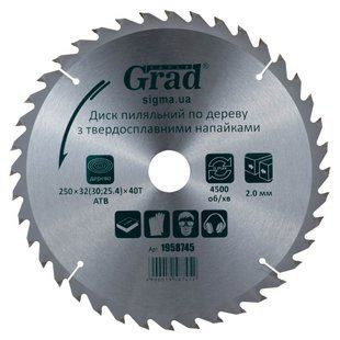 Диск пильный по дереву с твердосплавными напайками 250&times;32(30;25.4)&times;40T GRAD (1958745) (1958745) фото