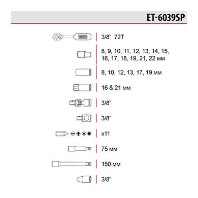 Набір інструментів 3/8", 39 од. INTERTOOL ET-6039SP (ET-6039SP) фото