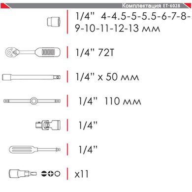 Набор инструмента 1/4" 28 ед (гол. 4-13 мм, биты 11 ед.) INTERTOOL ET-6028 (ET-6028) фото