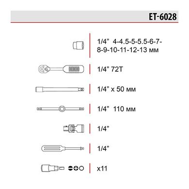 Набір інструментів 1/4", 28 од. (гол. 4-13 мм, біти 11 од.) INTERTOOL ET-6028 (ET-6028) фото