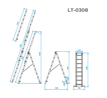 Лестница алюминиевая 3-х секционная универсальная раскладная 3*8ступ. 5.09м INTERTOOL LT-0308 (LT-0308) фото