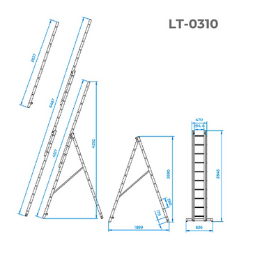 Лестница алюминиевая 3-х секционная универсальная раскладная 3x10 ступ. 6,48 м INTERTOOL LT-0310 (LT-0310) фото