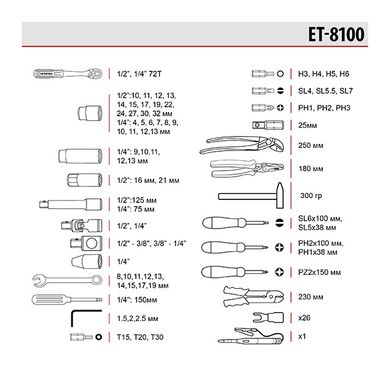 Набір інструментів 1/2" & 1/4", 100 од., Cr-V STORM INTERTOOL ET-8100 (ET-8100) фото