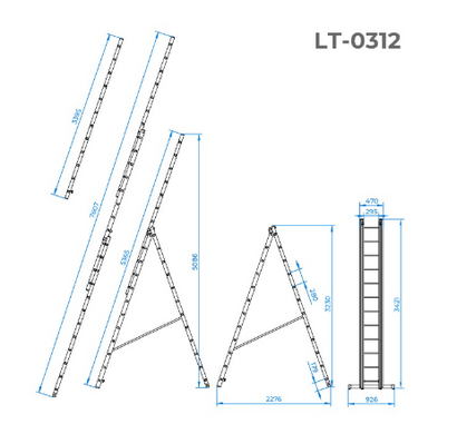 Драбина алюмінієва 3-х секційна універсальна розкладна 3x12 ступ. 7,6 м INTERTOOL LT-0312 (LT-0312) фото