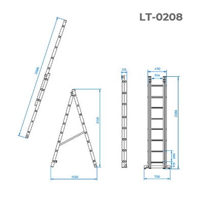 Лестница алюминиевая 2-х секционная универсальная раскладная 2x8 ступ. 3,69 м INTERTOOL LT-0208 (LT-0208) фото