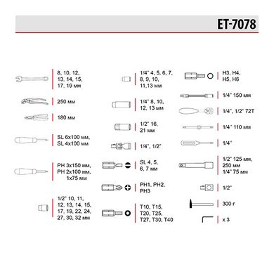 Набір інструментів професійний 1/2" & 1/4", 78 од. INTERTOOL ET-7078 (ET-7078) фото