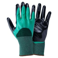 Перчатки трикотажные с двойным нитриловым покрытием р9 (зелено-черные манжет) (9443591) фото