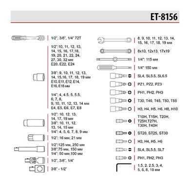 Набір інструментів 1/2" & 3/8" & 1/4", 156 од., Cr-V STORM INTERTOOL ET-8156 (ET-8156) фото