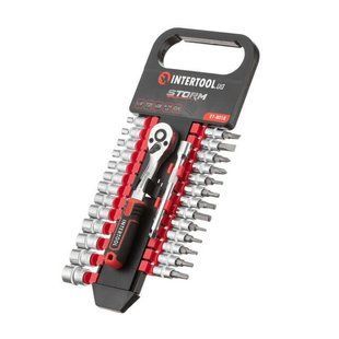 Набір головок і біт STORM, 1/4", Cr-V, 28 од., головки: 4-14 мм, біти: TORX, HEX, PH, SL, тріскачка 72 зуби, подовжувач 100 мм INTERTOOL ET-8018 (ET-8018) фото