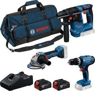 Набор аккумуляторного инструмента Bosch GSB 18V-25 + GBH 18V-18 + GWS 18V-8 (2 АКБ 4 Ач, ЗУ GAL 18V-40, сумка M-BAG) (0615A500AG) фото