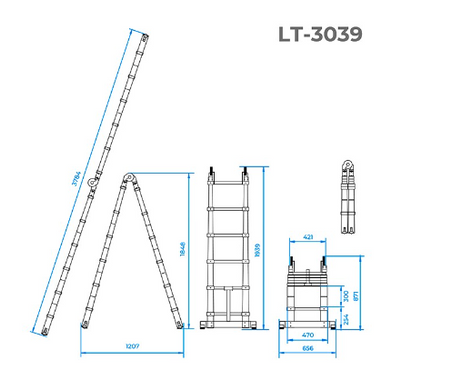 Драбина алюмінієва телескопічна розкладна універсальна 12 ступ., 3,78 м INTERTOOL LT-3039 (LT-3039) фото